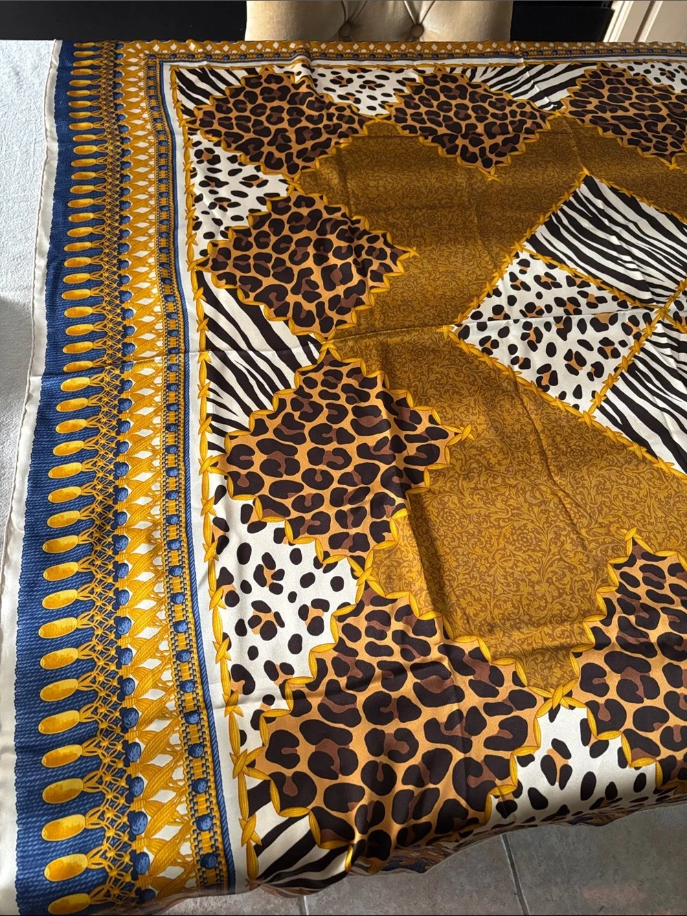 Christian Dior Italy Silk Gold Blue Animal Print Shawl Wrap Scarf-53x53-VINTAGE
